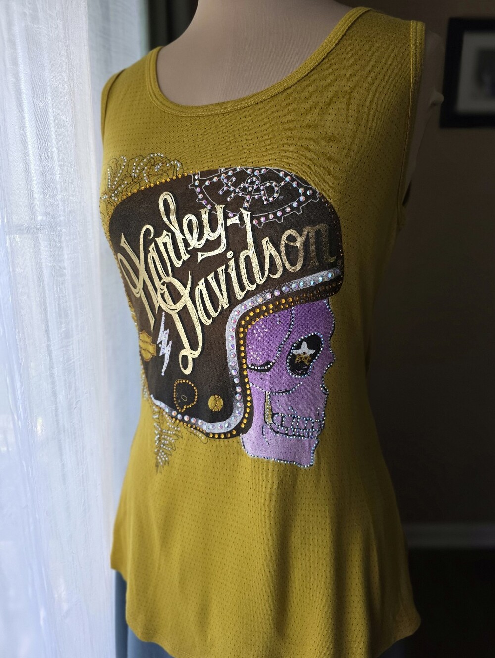 Harley Davidson Rhinestone Skull Tank Top Medium Mustard Yellow Crossover Back